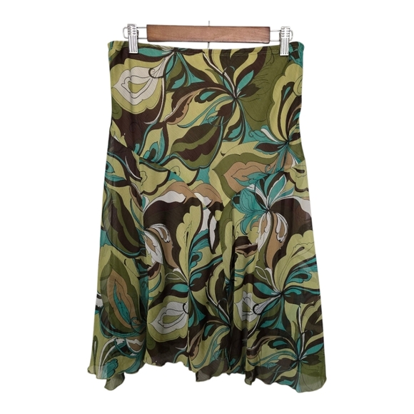 Vintage 90s Floral Green and Brown Women's Hankerchief Skirt - Picture 2 of 5